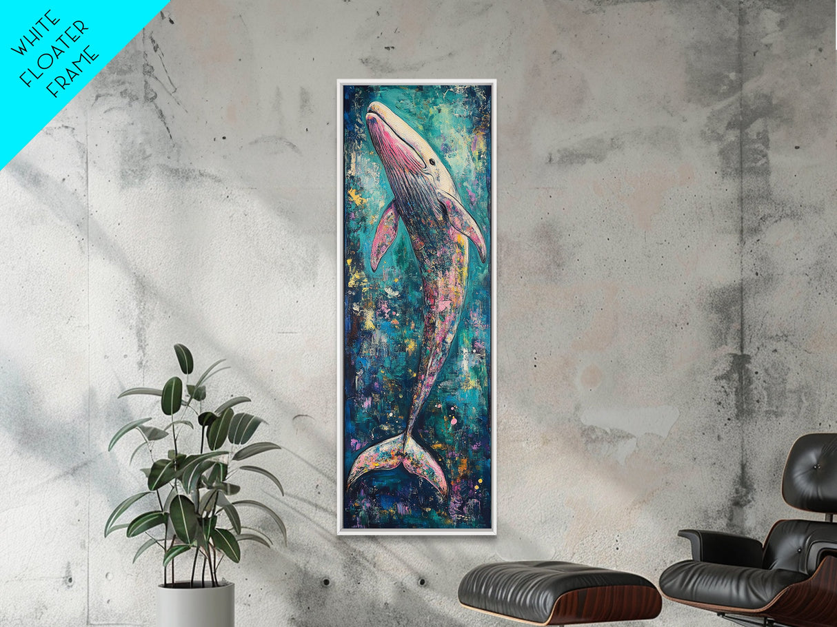 Vibrant Whale, Whale Painting, Coastal Decor, Nautical Wall Art, Blue and Green Wall Art, Skinny Wall Art, Framed Canvas Print