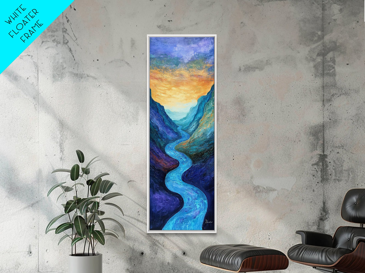 Sunset River, Horizon Painting Gray White, Lake Tahoe Art, Moody Art, Southwest Wall Art, Framed Canvas Print, Vertical Wall Art