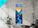 Sunset River, Horizon Painting Gray White, Lake Tahoe Art, Moody Art, Southwest Wall Art, Framed Canvas Print, Vertical Wall Art