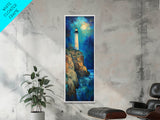Lighthouse Painting, Moon Oil Painting, Nautical Decor, Coastal Wall Art, Seascape Painting, Canvas Print, Tall Narrow Art, Gift Idea