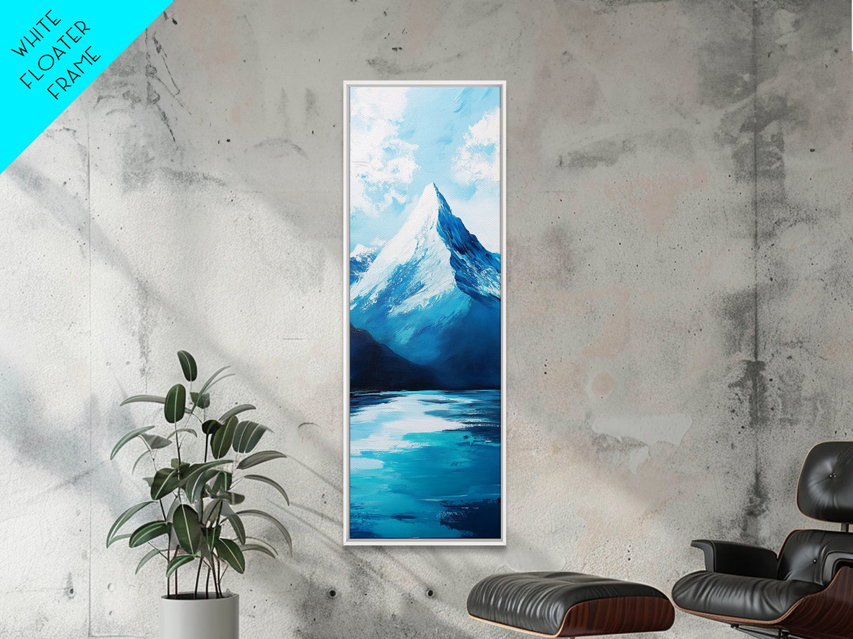 Snowy peak, mountain painting, landscape painting, blue and green wall art, panoramic art, framed canvas print, above sofa art