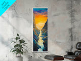 Sunset River, mountain painting, vertical wall art, nature art, framed canvas print, above sofa art, extra wide art, rustic decor