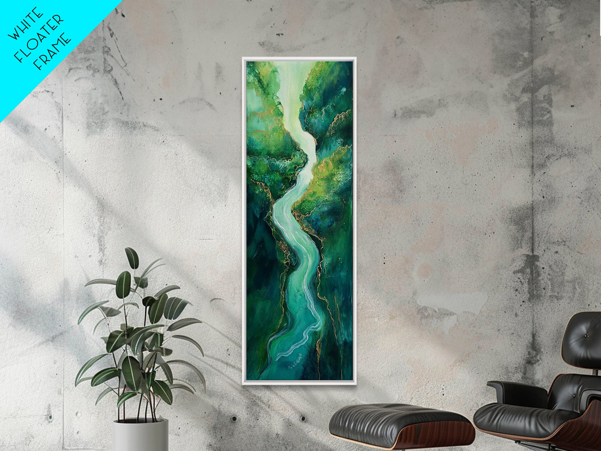 Emerald River, sage green wall art, framed canvas print, minimalist art, extra wide art, rustic decor, long narrow art