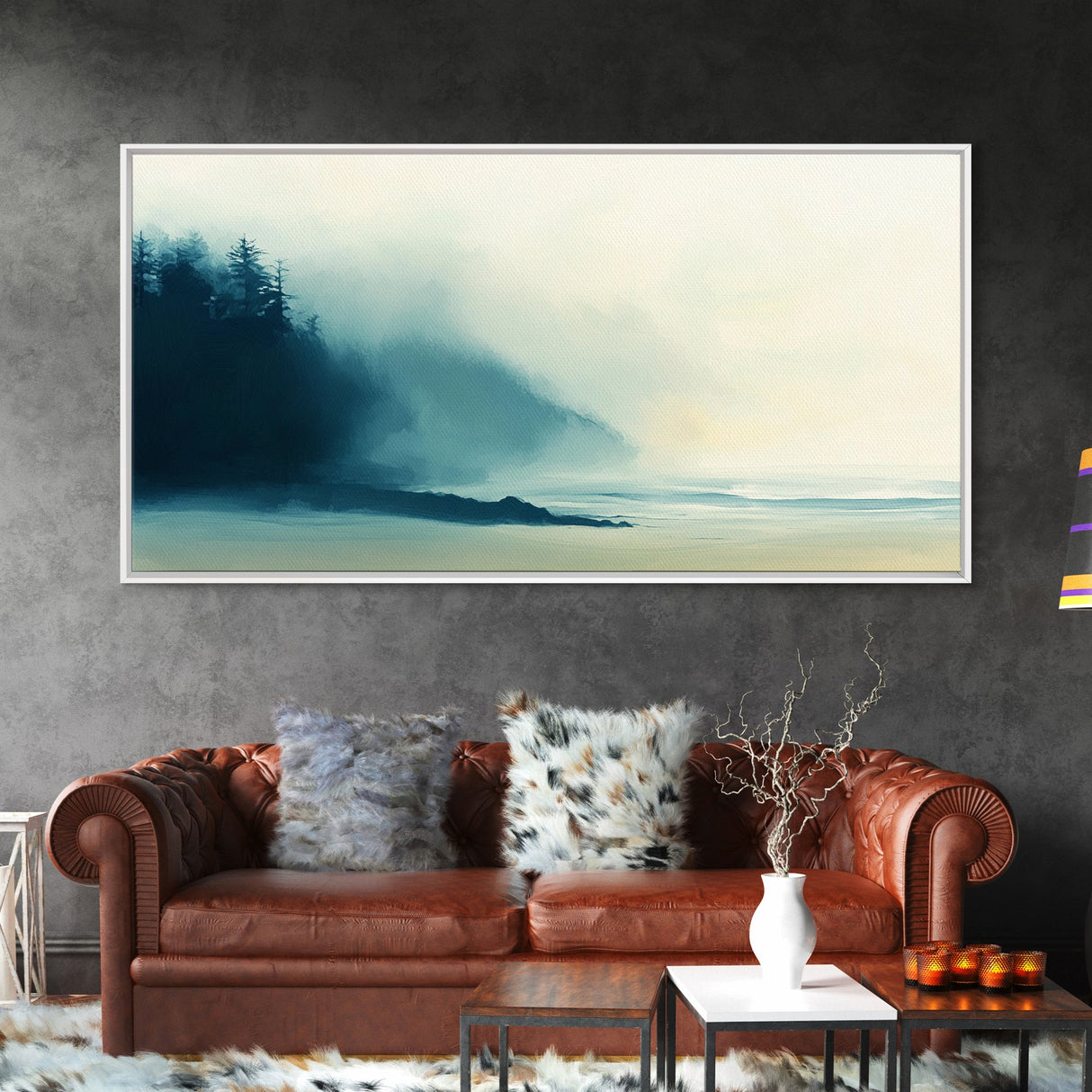 Misty Forest, smoky mountain art, pine tree art, moody art, wabi sabi wall art, green wall art, bedroom art, Framed Canvas Print