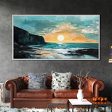 Sunset Cliffs, nautical wall art, coastal painting, surf wall art, panoramic art, above couch art, boho art, Framed Canvas Print