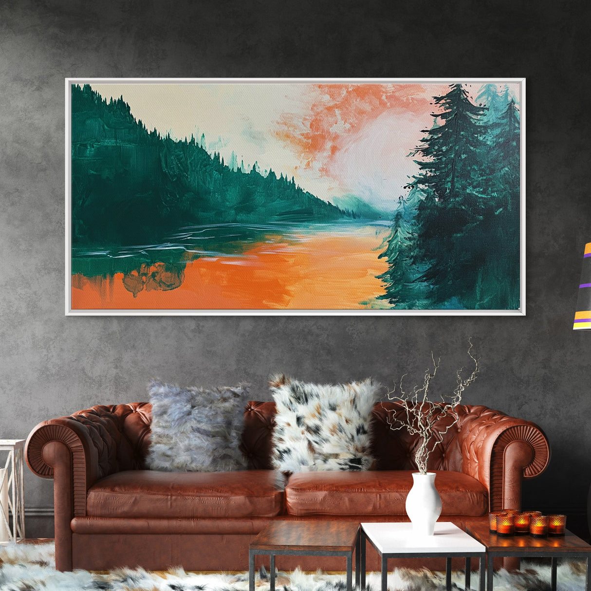 Forest Lake, pine tree art, landscape painting, rustic wall art, autumn painting, extra wide art, wabi sabi art, Framed Canvas Print
