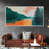 Forest Lake, pine tree art, landscape painting, rustic wall art, autumn painting, extra wide art, wabi sabi art, Framed Canvas Print