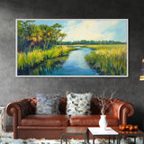 Marshland View, palm tree painting, tropical landscape, coastal decor, green wall art, rustic wall art, Framed Canvas Print