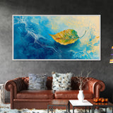 Leaf in Water, blue and green wall art, coastal decor, wabi sabi art, extra wide art, panoramic painting, Canvas Print, gift idea
