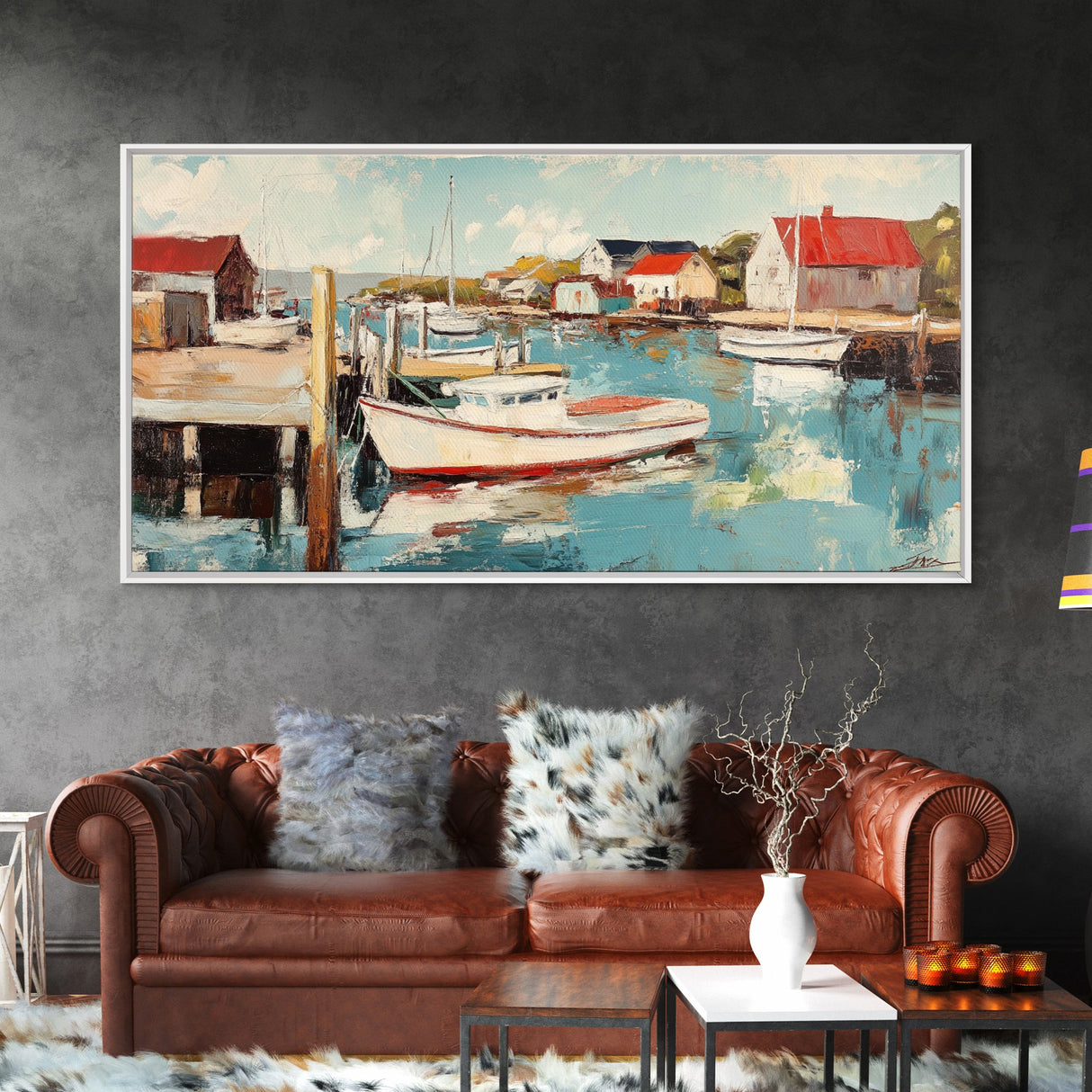 Harbor Boats, Nantucket painting, coastal painting, nautical wall art, fisherman painting, framed canvas print, extra wide art