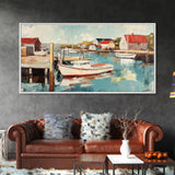 Harbor Boats, Nantucket painting, coastal painting, nautical wall art, fisherman painting, framed canvas print, extra wide art