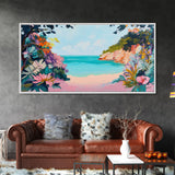 Tropical Beach, coastal wall art, Hawaii art, pink orange wall art, extra wide art, panoramic painting, framed canvas print