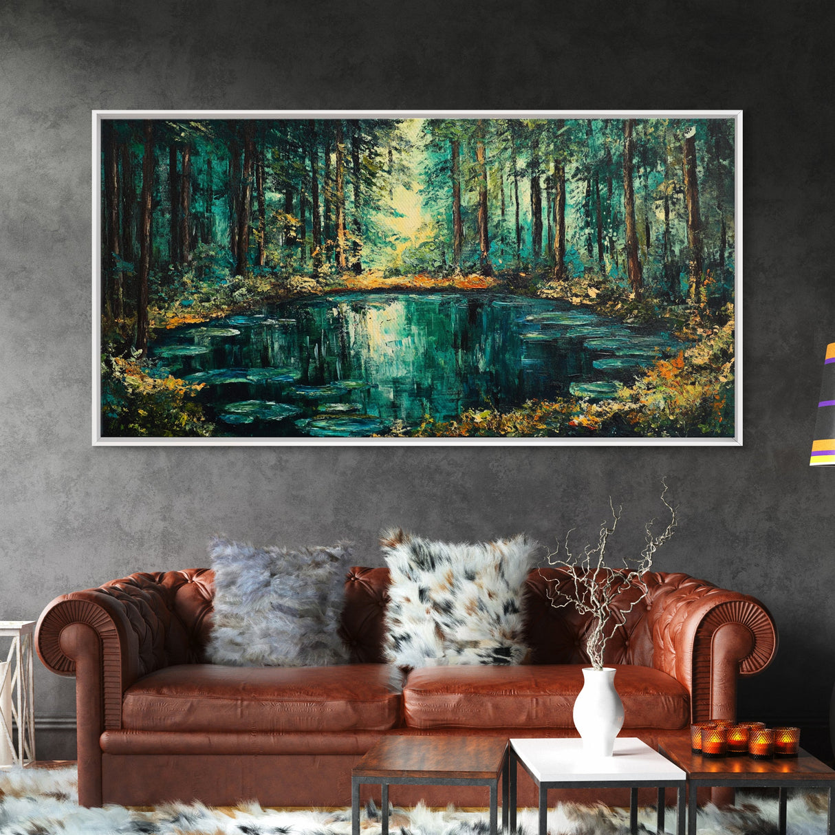 Enchanted Forest Pond, Canvas Print, landscape painting, pine tree art, forest at dusk painting, lake Tahoe art, extra wide art