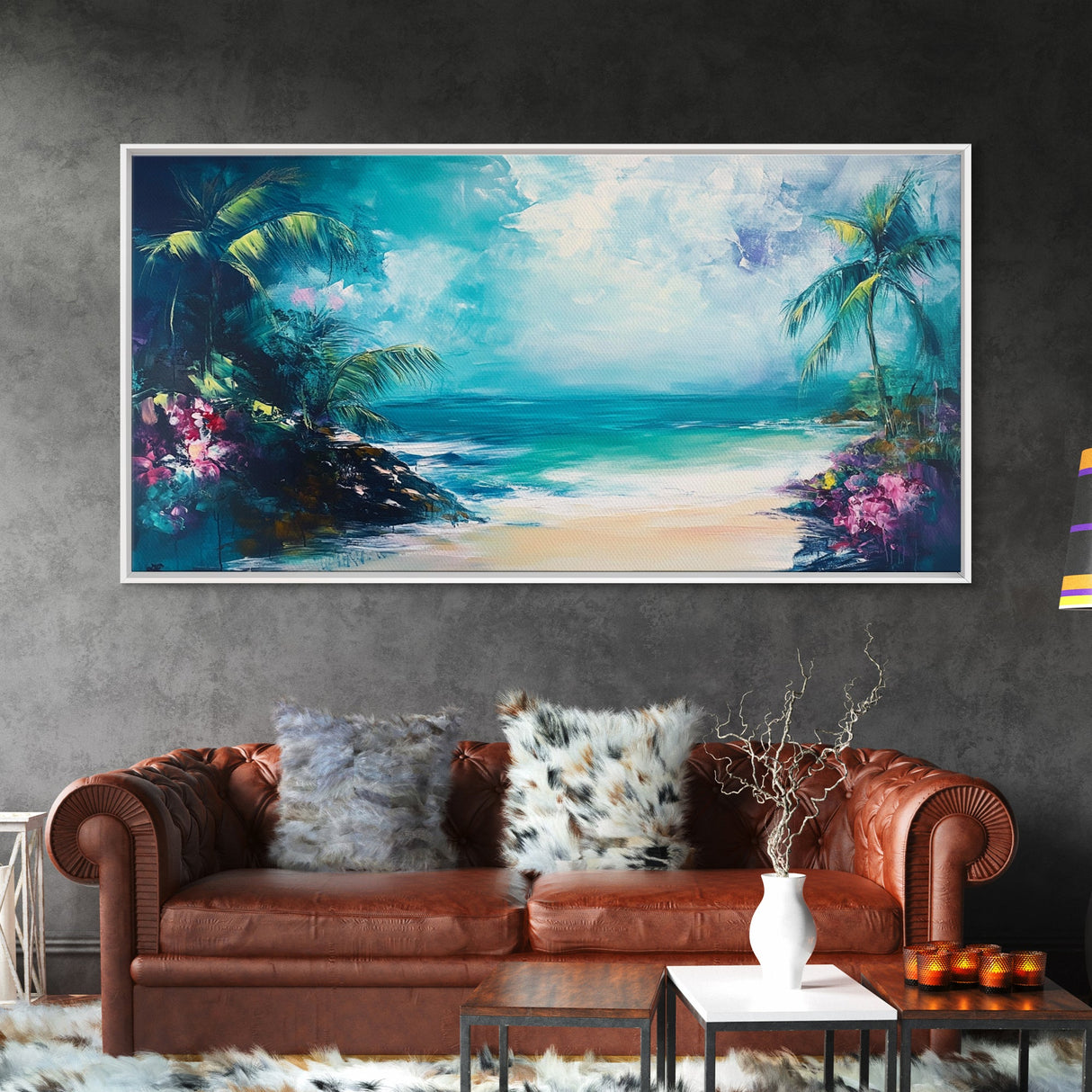 Tropical Beach, Framed Canvas Print, coastal painting, palm tree painting, Hawaii art, nautical decor, coastal wall art
