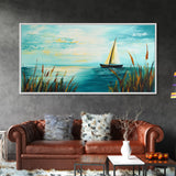 Serene Sailboat, Canvas Print, sailboat painting, coastal painting, nautical wall art, blue and green wall art, extra wide art