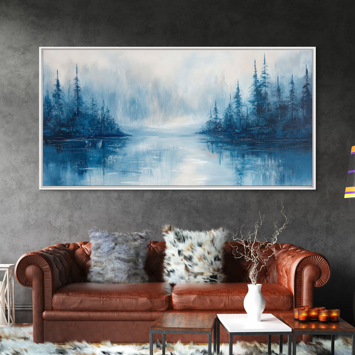 Misty Lake Scene, Moody Art, Pine Tree Art, Landscape Painting, Framed Canvas Print, Bedroom Art, Above Bed Wall Art