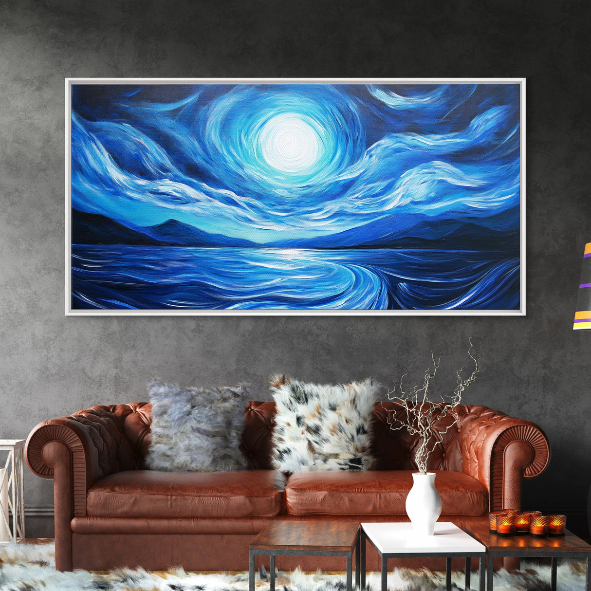 Blue Moon Painting, Moody Art, Nautical Wall Art, Coastal Painting, Framed Canvas Print, Above Couch Art, Extra Wide Art
