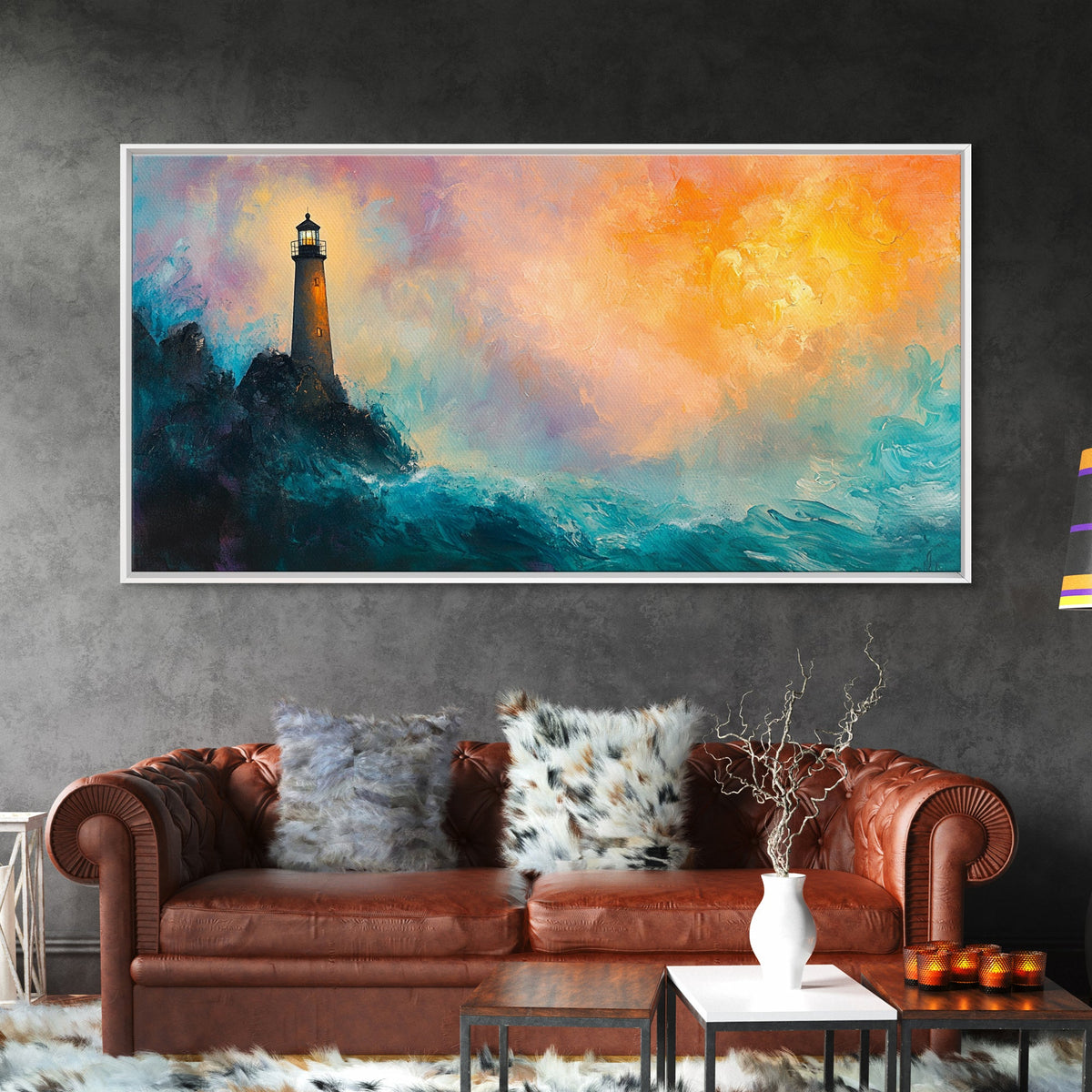 Lighthouse Sunset, coastal painting, nautical wall art, seascape painting, lighthouse art, framed canvas print, panoramic art