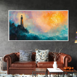 Lighthouse Sunset, coastal painting, nautical wall art, seascape painting, lighthouse art, framed canvas print, panoramic art
