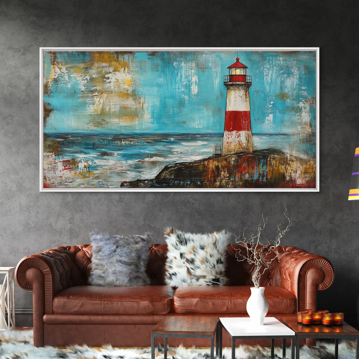 Red Lighthouse, nautical painting, coastal wall art, beach house decor, ocean painting, framed canvas print, above couch art