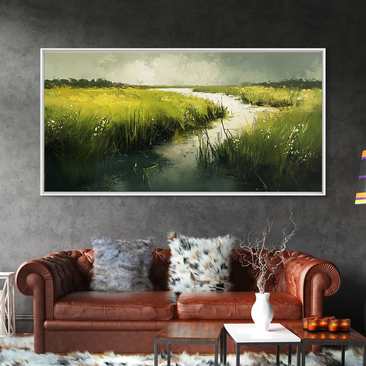 Marshland Landscape Art, nature painting, green wall art, botanical prints, landscape painting, framed canvas print, rustic decor
