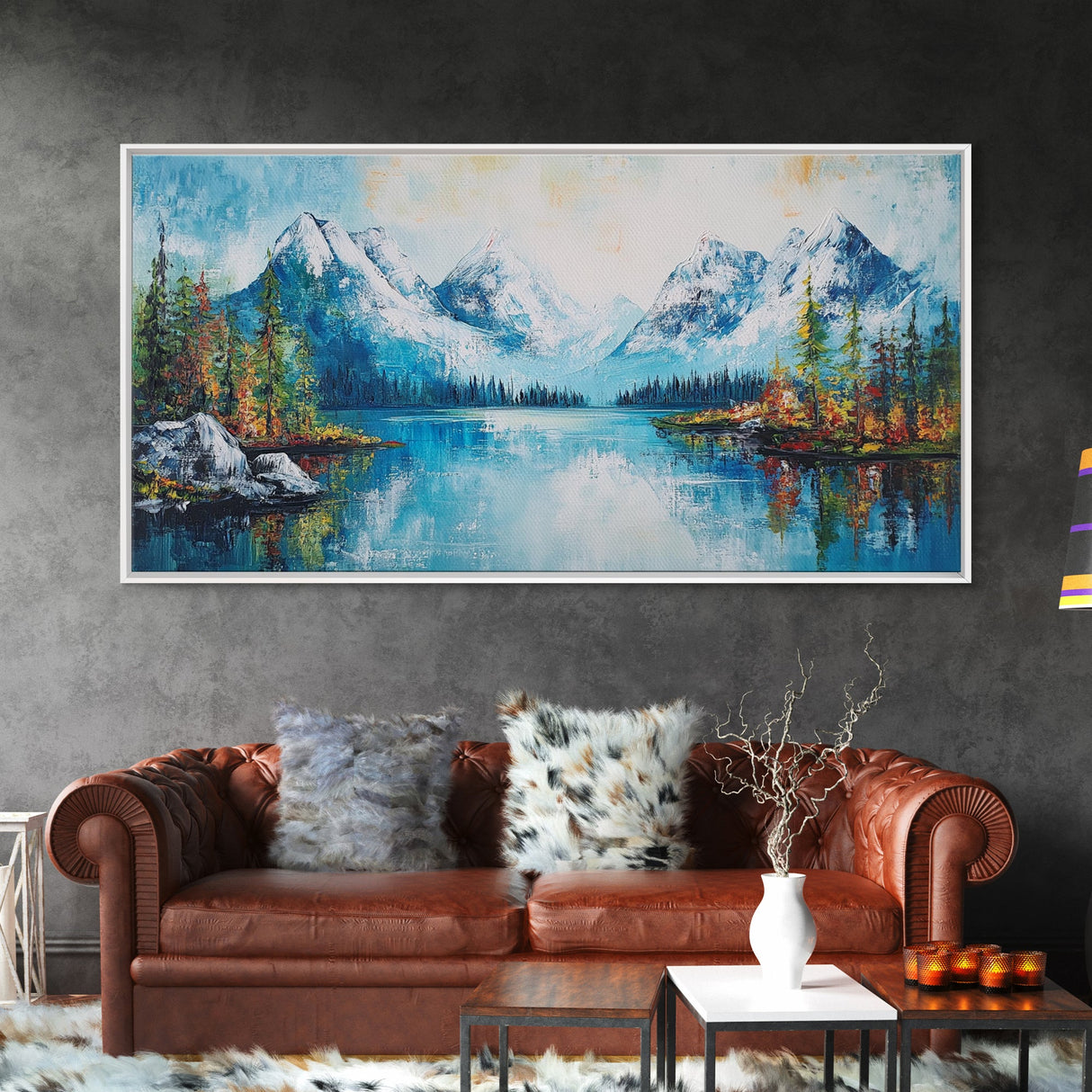 Snowy Peaks, mountain painting, framed canvas print, landscape painting, extra wide art, rustic wall art, above bed wall art