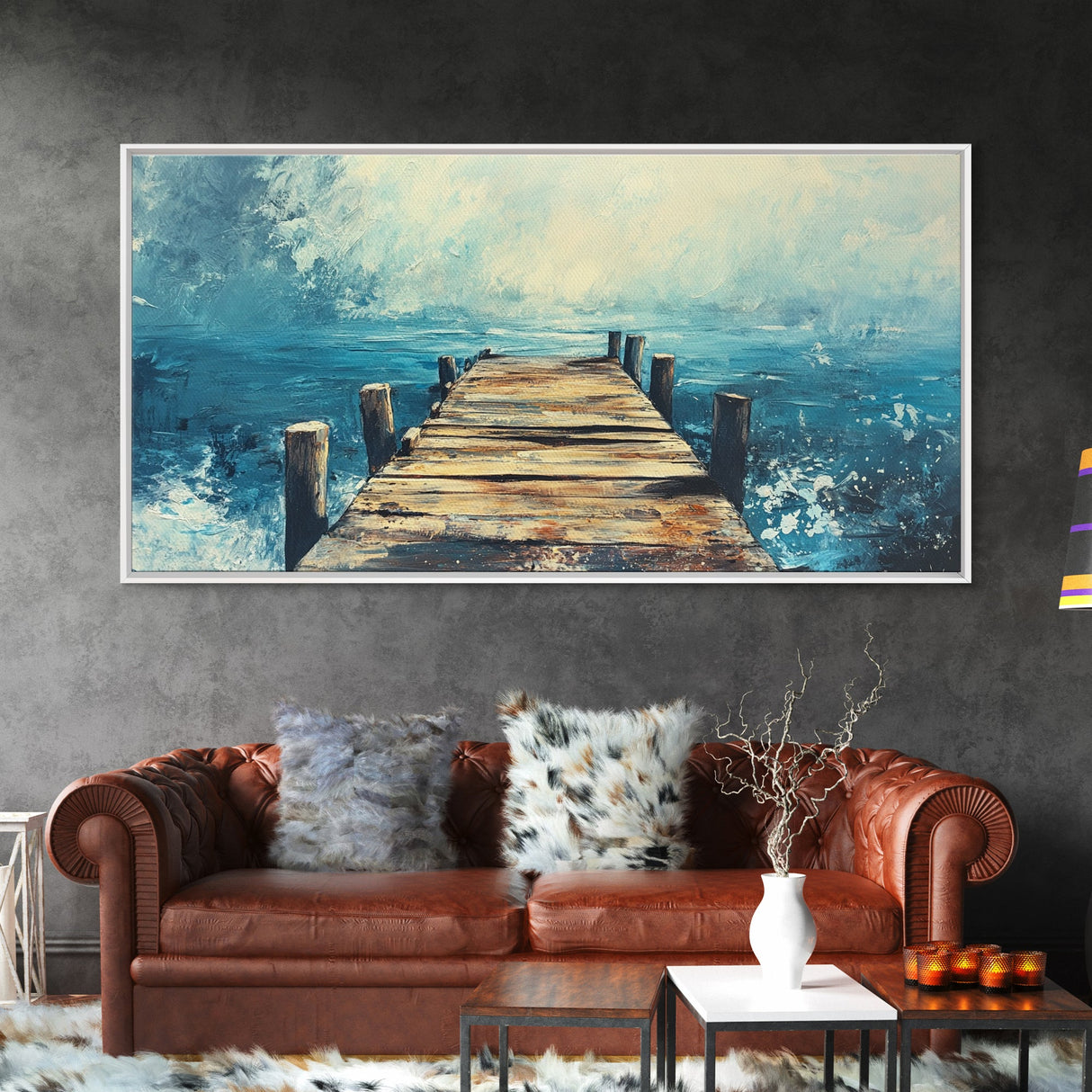 Rustic Dock, Nautical Wall Art, Framed Canvas Print, Coastal Landscape Art, Ocean Painting, Seascape Painting, Extra Wide Art