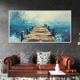 Rustic Dock, Nautical Wall Art, Framed Canvas Print, Coastal Landscape Art, Ocean Painting, Seascape Painting, Extra Wide Art
