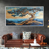 Twisted Tree, Oak Tree Art, Canvas Print, Coastal Landscape Art, Nature Painting, Rustic Wall Art, Blue And Green Wall Art
