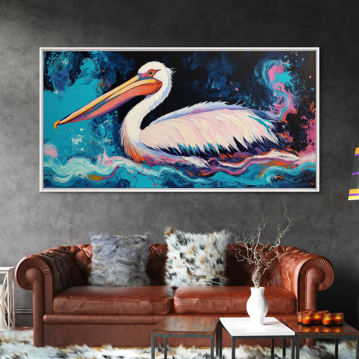 Bird art, pelican painting, framed canvas print, coastal decor, extra wide art, tropical painting, colorful abstract wall art