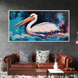 Bird art, pelican painting, framed canvas print, coastal decor, extra wide art, tropical painting, colorful abstract wall art