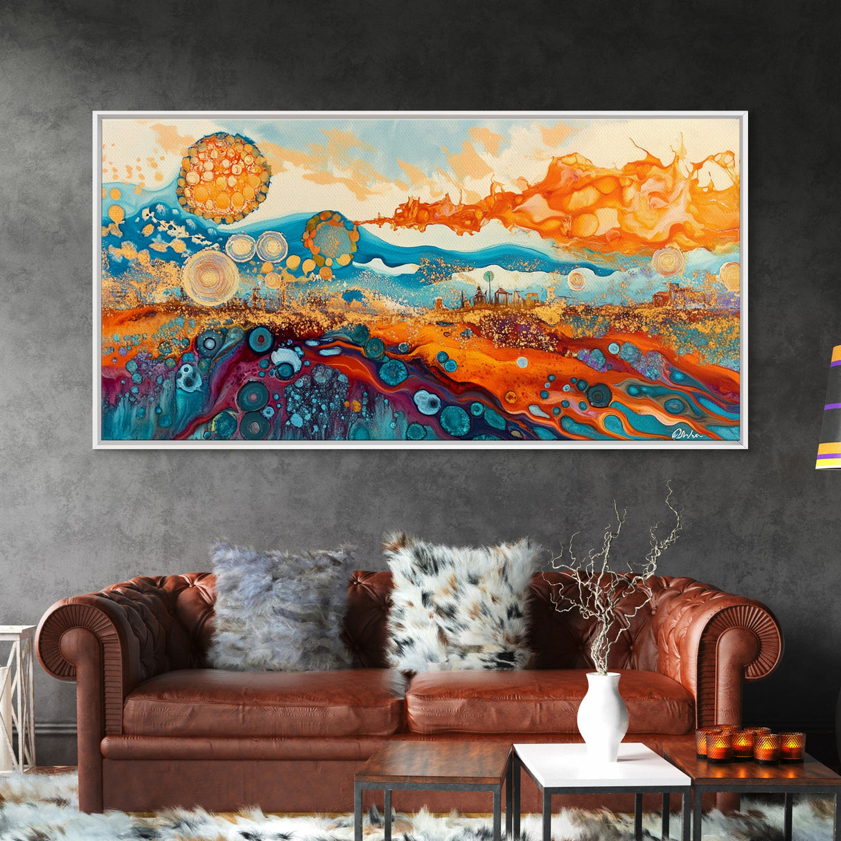 Surreal Abstract Art, phoenix metal art, geometric wall art, moody art, panoramic art, extra wide art, Framed Canvas Print