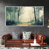 Foggy Forest Path, forest at dusk painting, pine tree art, wabi sabi art, moody art, extra wide art, rustic wall art, Canvas Print