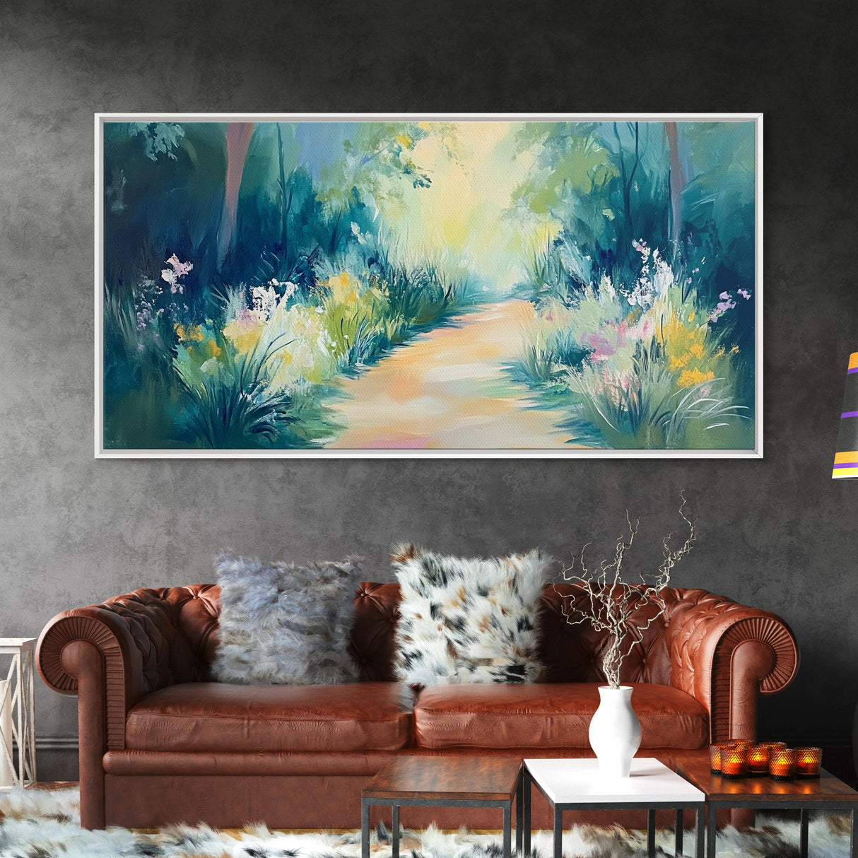 Serene Woodland Trail, wildflower painting, botanical prints, landscape painting, rustic decor, extra wide art, Framed Canvas Print