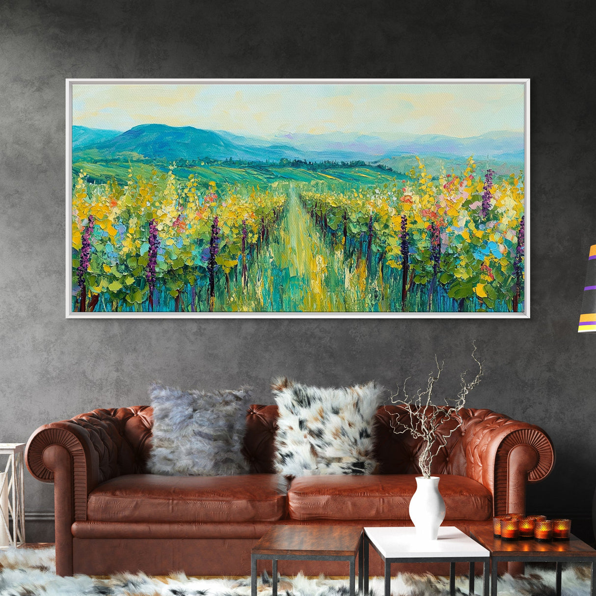 Vineyard Landscape, impressionist painting, framed canvas print, green wall art, farmhouse art, rustic decor, above bed wall art