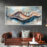 Oyster Shell, coastal painting, framed canvas print, nautical decor, oyster wall art, blue and green wall art, extra wide art