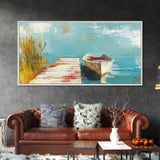 Wooden dock, rowboat, lake, marsh painting, fisherman painting, coastal decor, rustic wall art, framed canvas print, guest room art