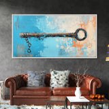 Rustic Key Painting, teal wall art, farmhouse art, coastal decor, framed canvas print, wabi sabi art, extra wide art, moody art