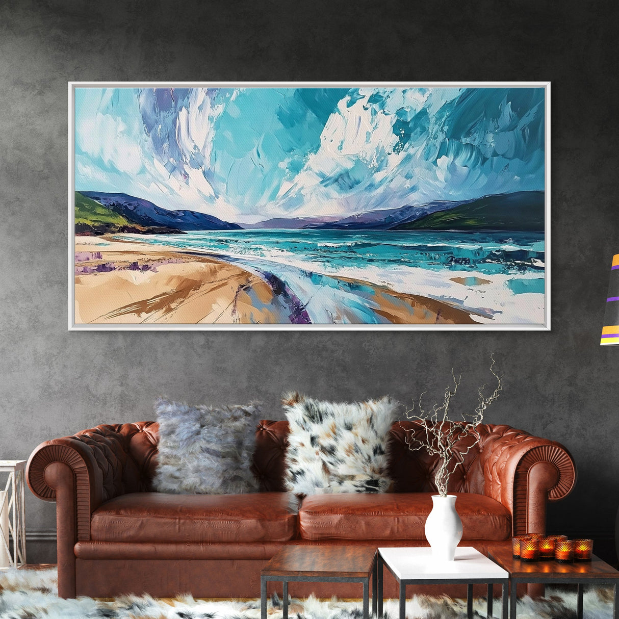 Seascape Painting, coastal landscape art, beach house decor, Ireland painting, blue and green wall art, panoramic art, canvas print