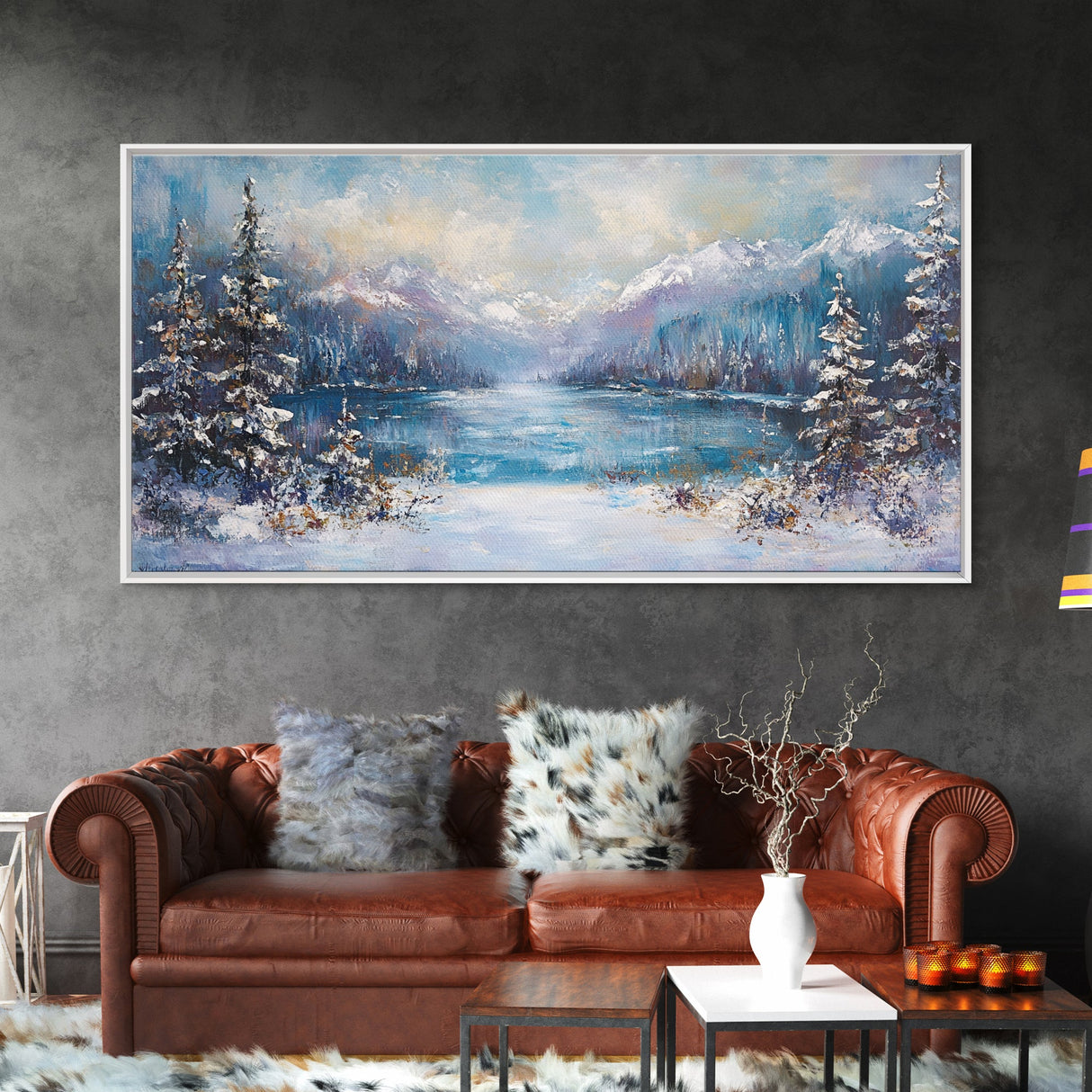 Lake Tahoe Art, Snowy Landscape, Winter Cabin Decor, Framed Canvas Print, Blue and Green Wall Art, Horizontal Wall Art