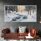Birch Tree Painting, Snowy River Art, Winter Landscape, Framed Canvas Print, Farmhouse Art, Wabi Sabi Art, Tall Narrow Art