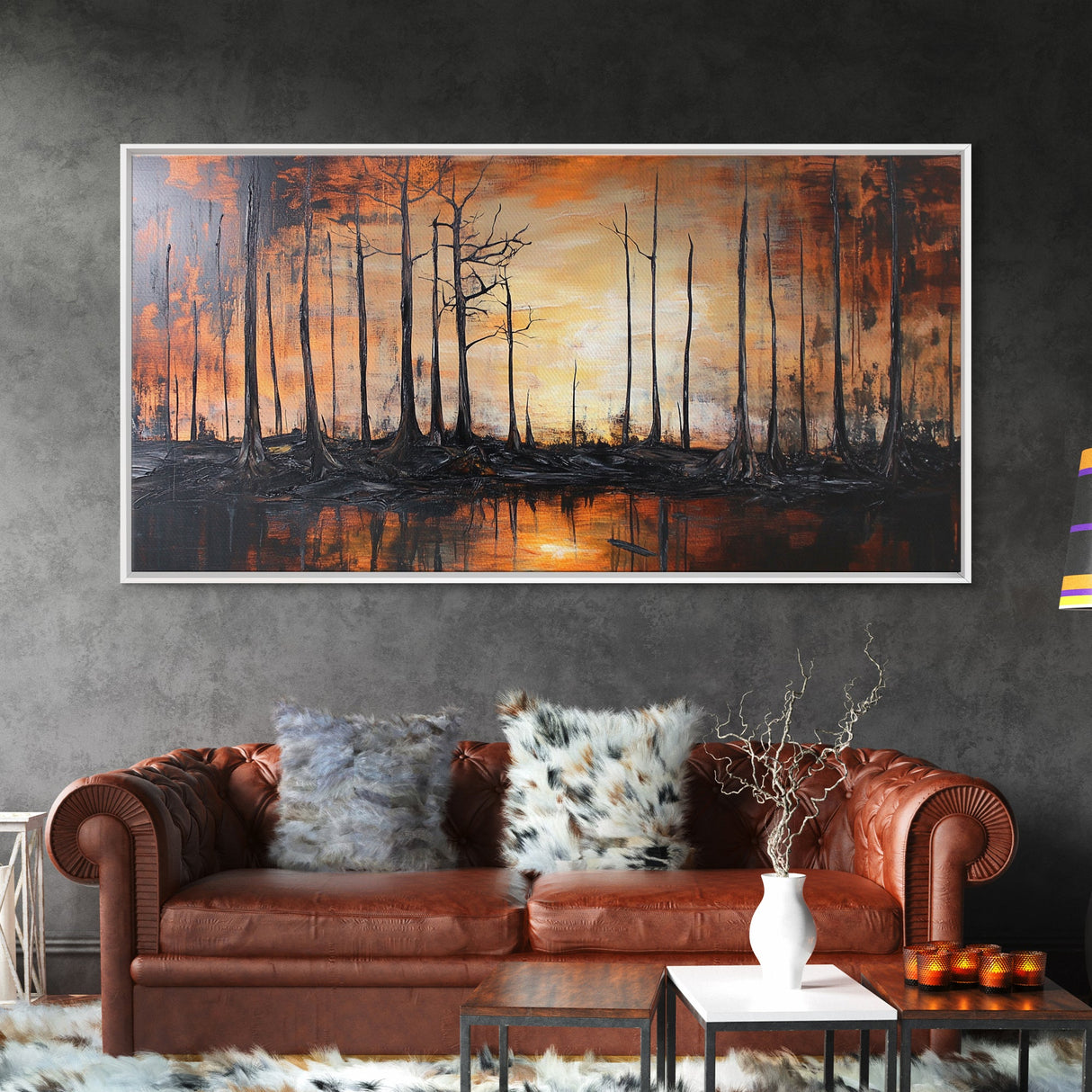 Forest at Dusk, moody art, fall landscape painting, pine tree art, framed canvas print, extra wide art, autumn wall art, rustic decor