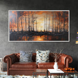 Forest at Dusk, moody art, fall landscape painting, pine tree art, framed canvas print, extra wide art, autumn wall art, rustic decor