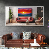 Red Couch, Sunset Painting, Above Sofa Art, Coastal Wall Art, Beach Decor, Panoramic Art, Framed Canvas Print, Living Room Art