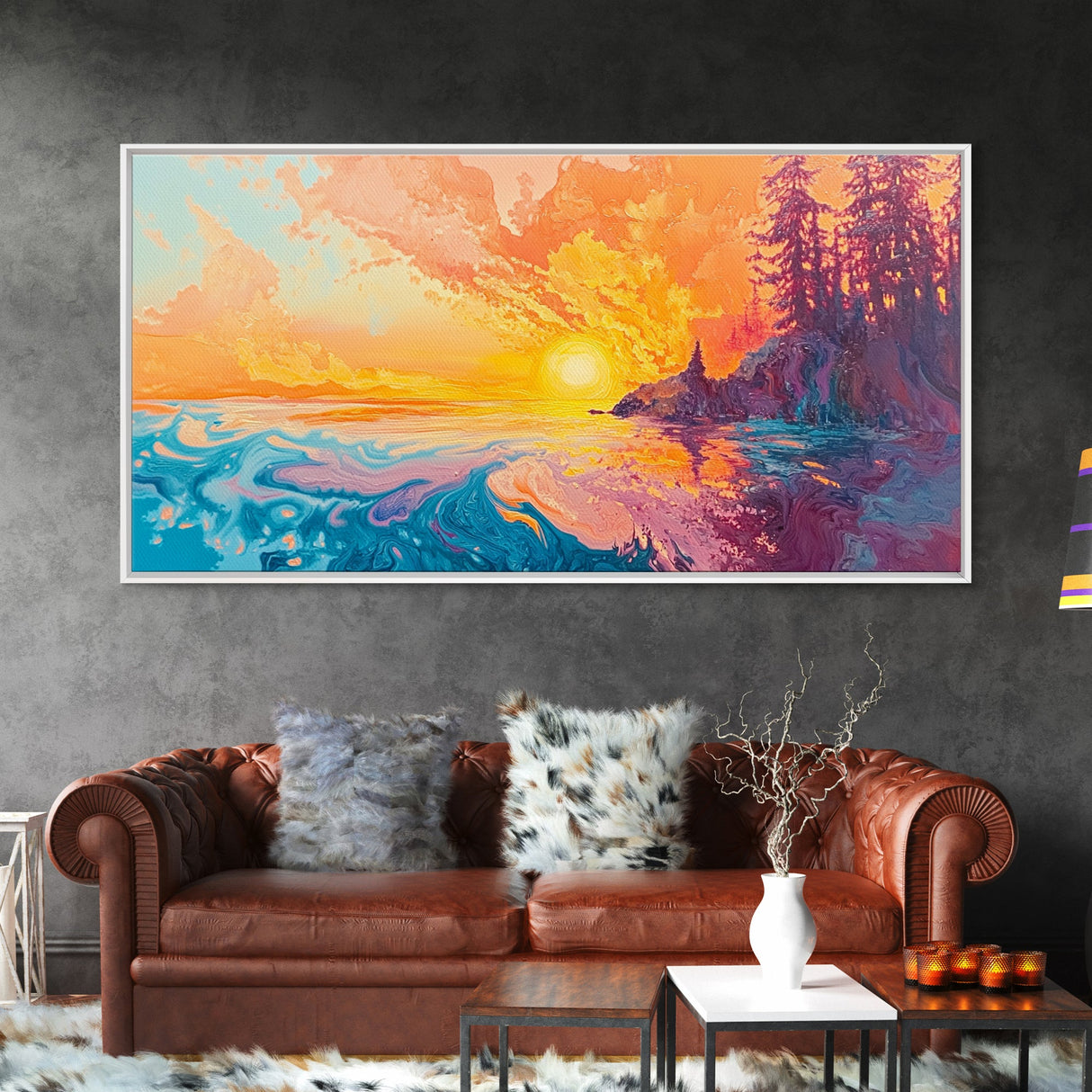Fiery Sunset, Moody Art, Lake Tahoe Art, Colorful Landscape, Southwest Wall Art, Panoramic Painting, Framed Canvas Print, Nature Art