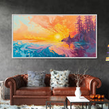 Fiery Sunset, Moody Art, Lake Tahoe Art, Colorful Landscape, Southwest Wall Art, Panoramic Painting, Framed Canvas Print, Nature Art