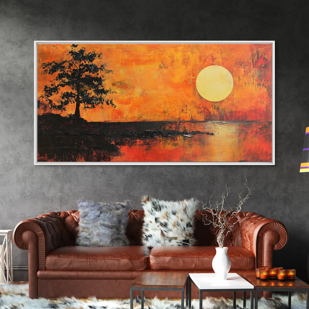 Sunset Tree, orange wall art, oak tree art, moody art, panoramic art, extra wide art, rustic wall art, Framed Canvas Print