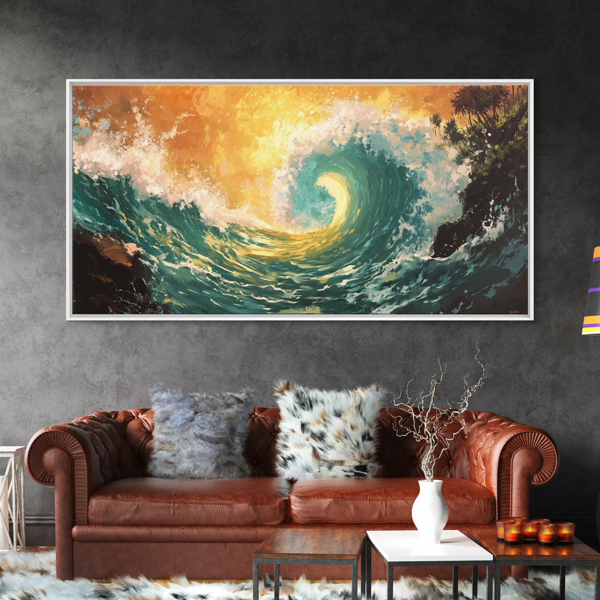 Golden Wave, surf wall art, seascape painting, coastal decor, nautical wall art, beach house decor, panoramic art, Canvas Print