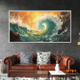 Golden Wave, surf wall art, seascape painting, coastal decor, nautical wall art, beach house decor, panoramic art, Canvas Print