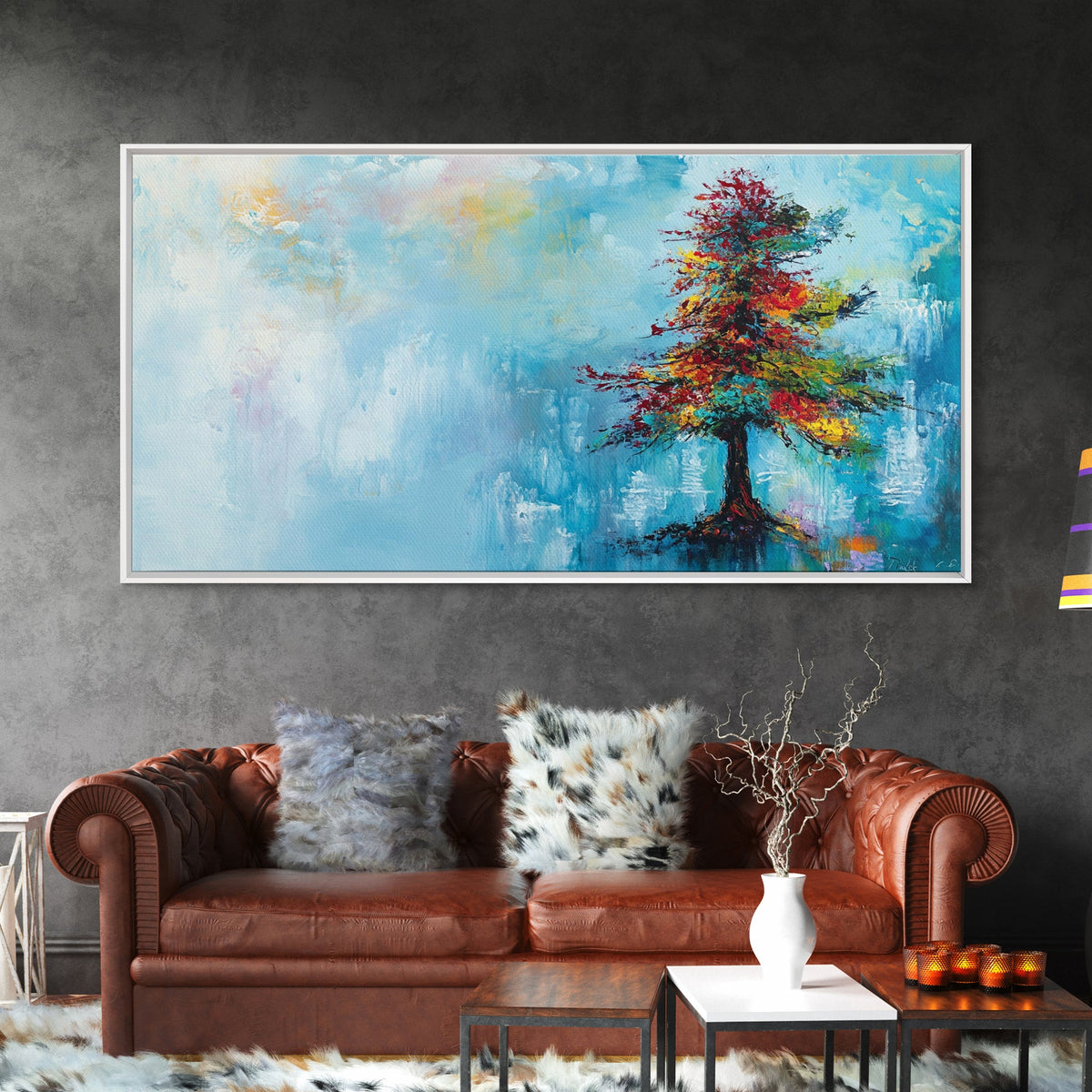 Vibrant Pine Tree, pine tree art, landscape painting, blue and green wall art, colorful abstract art, wabi sabi art, Canvas Print